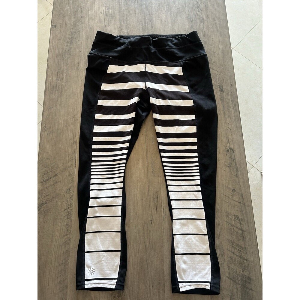Athleta Leggings Womens Black White Striped Capri Zip Pocket Yoga Pants Size S